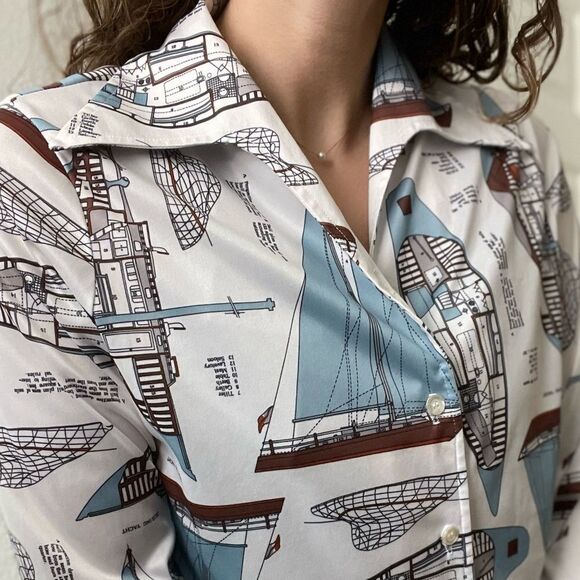 Vintage 70s Novelty Art‎ To Wear Boat Textbook Button Down Shirt Dagger Collar M - Picture 2 of 7